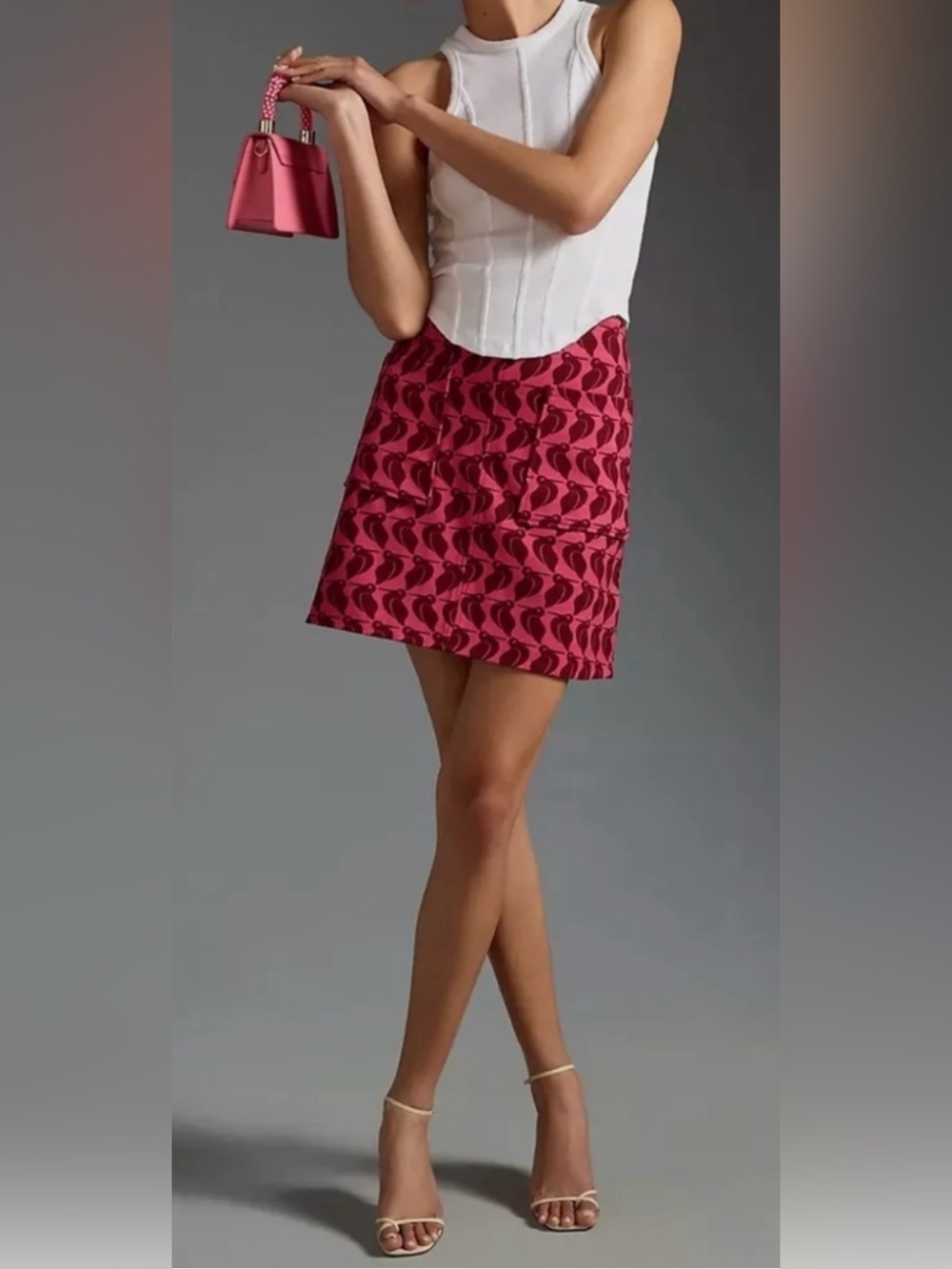 Anthropologie Maeve Marisela Pink Bird Print Mini Skirt Medium A-Line Pockets